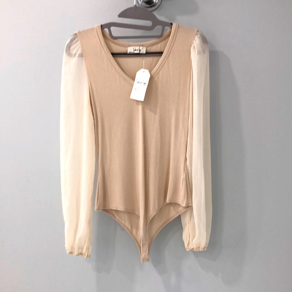 Sadie & Sage Cream Bodysuit with Sheer Long Sleeves